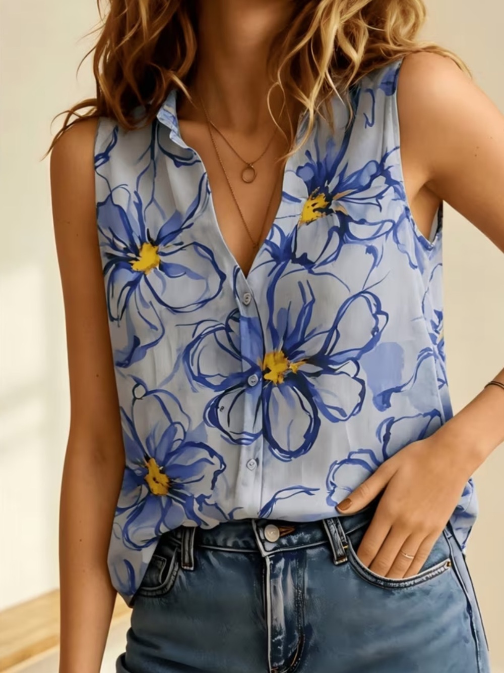 New Plus Size Sleeveless Blue Floral Button-Up Blouse, Linen